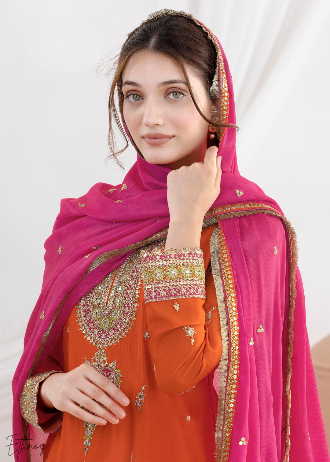 Pumpkin Orange Chinnon Silk Salwar Suit