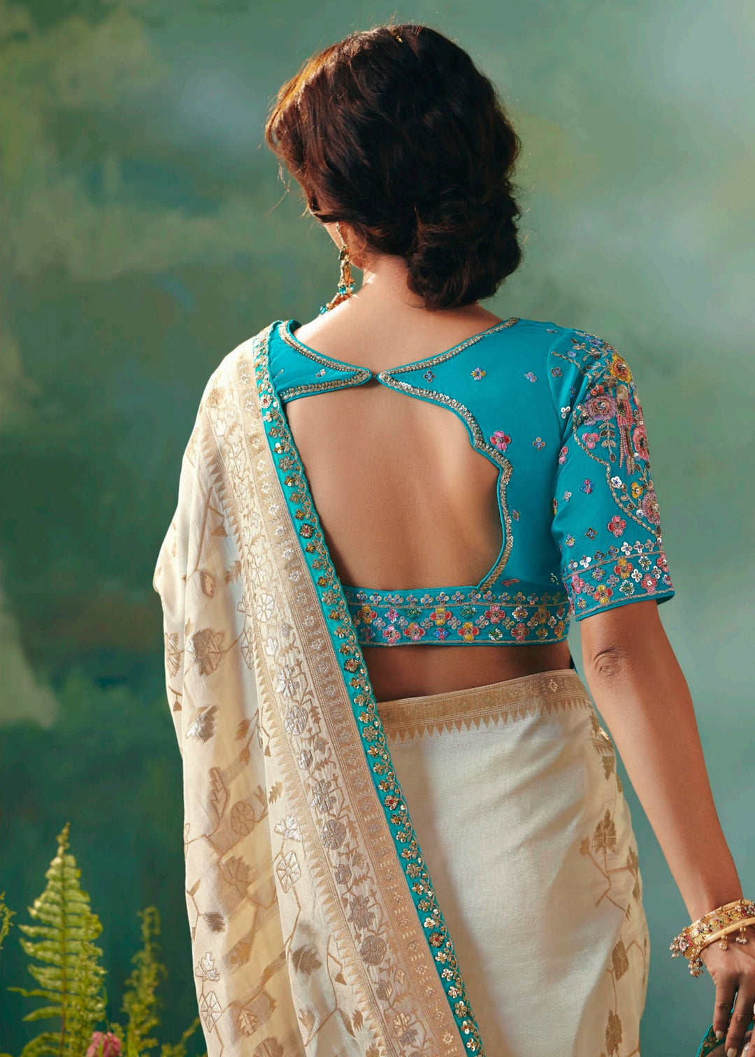 Off-White Pure Viscose Dola Silk Saree with Zari Weaving & Embroidered Blouse