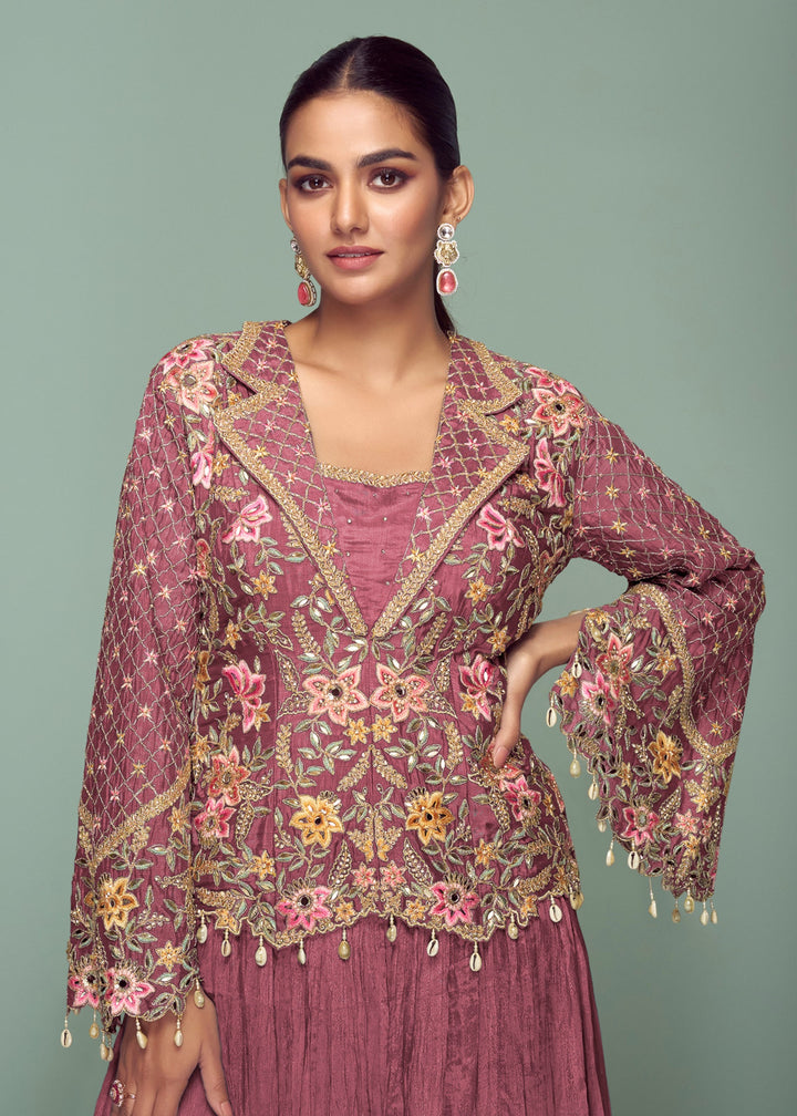 Maroon Pink Chinon Top with Skirt