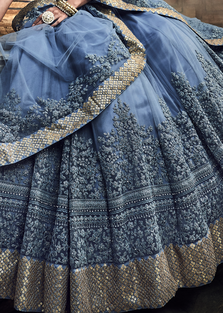 Cornflower Blue Soft Net Lehenga Choli with Dori & Zarkan work