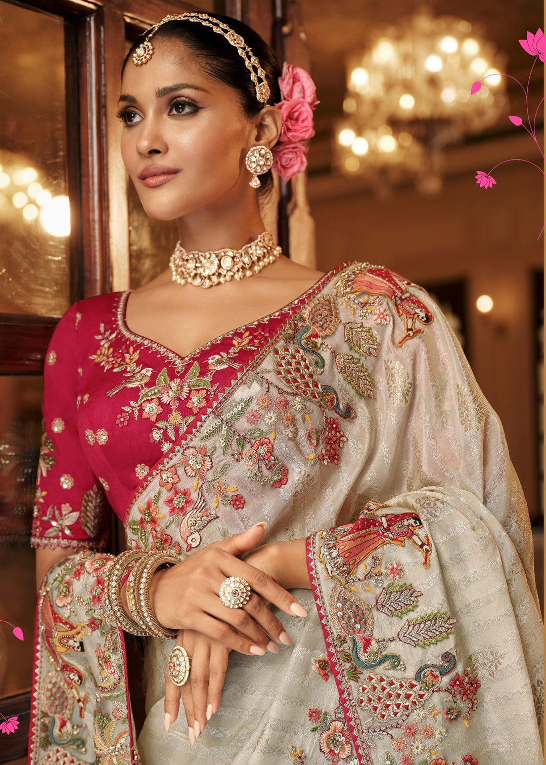 Vanila White With Pink Floral Embroidery Silk Saree