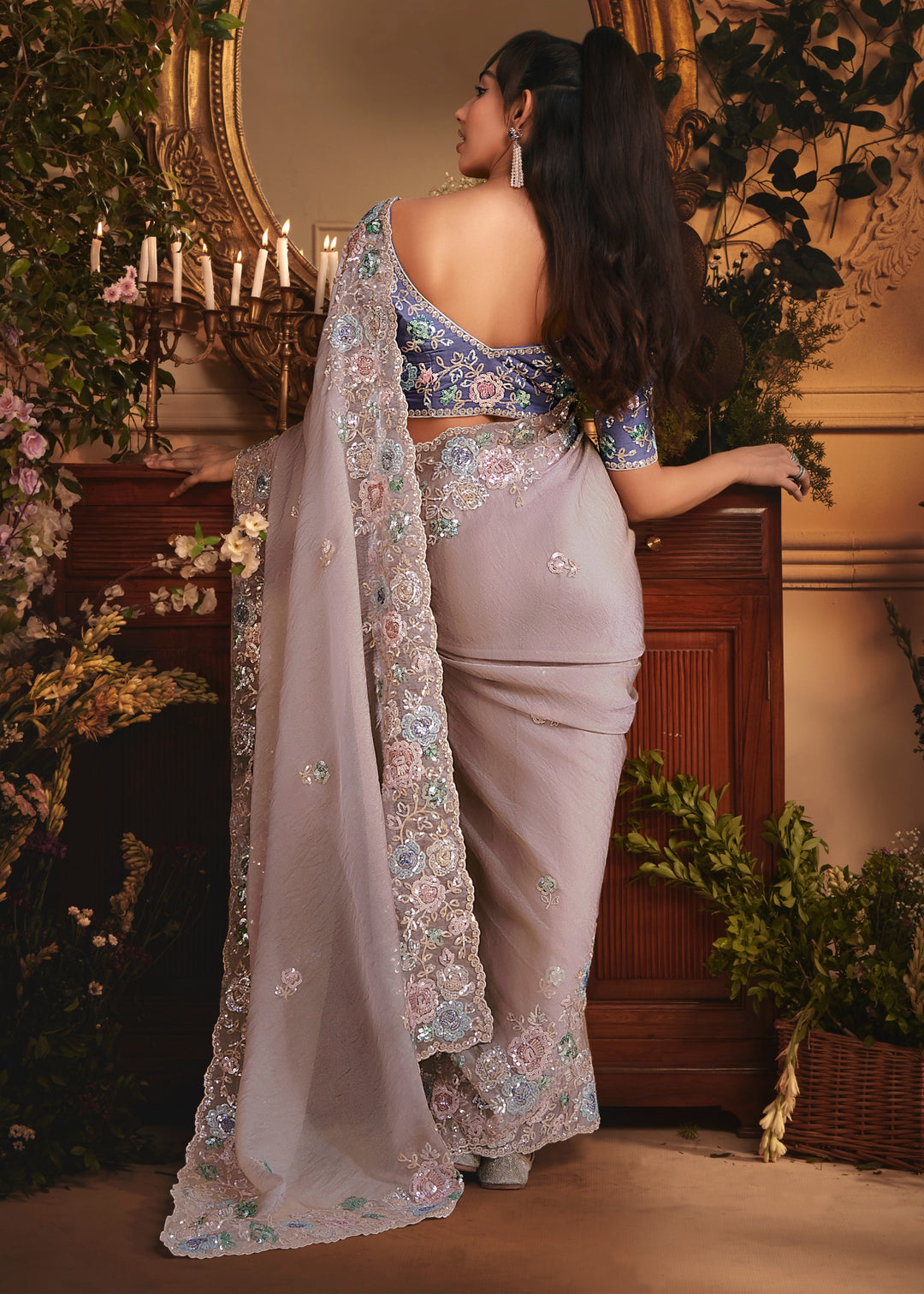 Lilac / Lavender Grey Tissue Organza Saree With Heavy Embroidery
