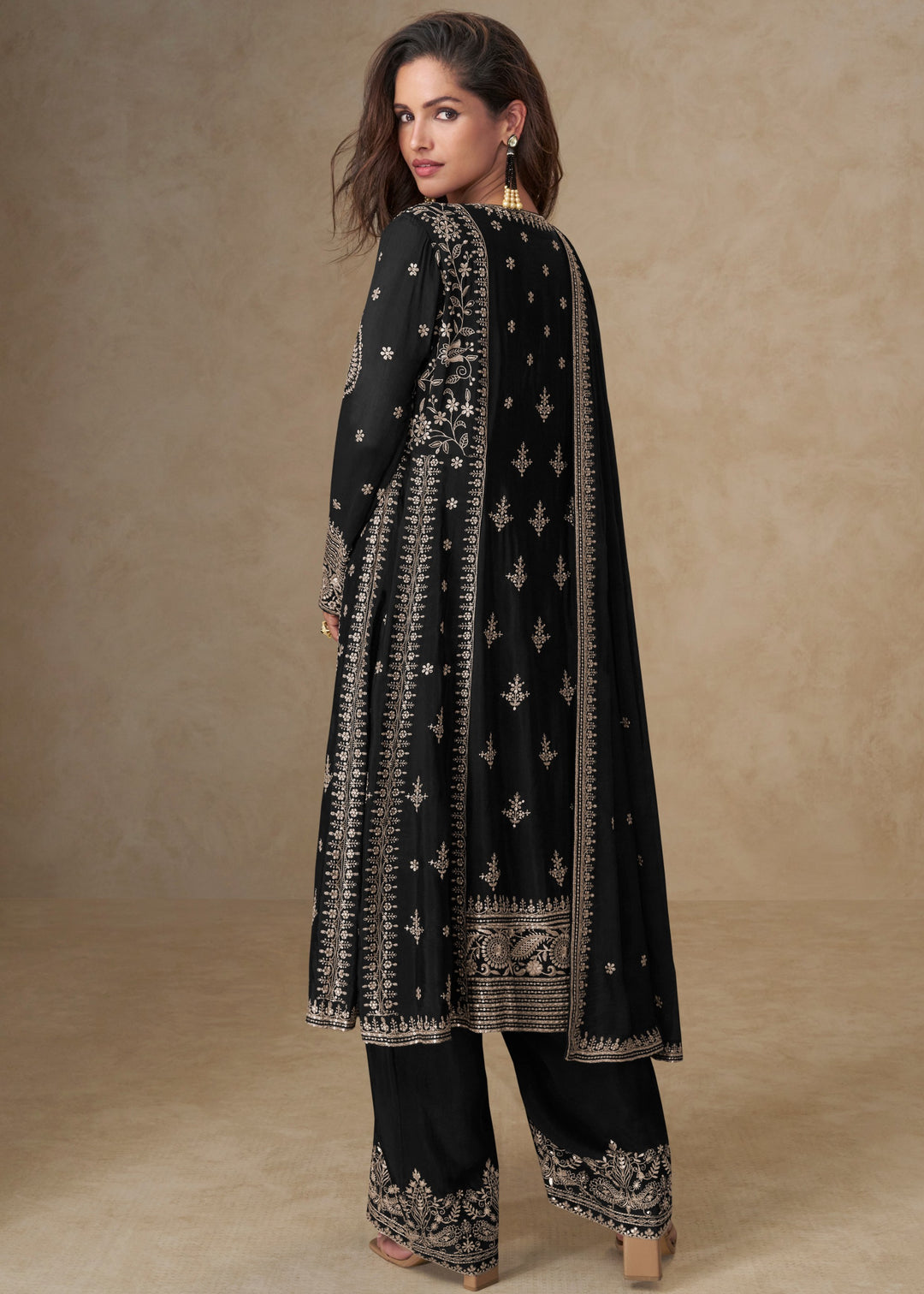 Raven Black Chinon Silk Suit With Embroidery Work