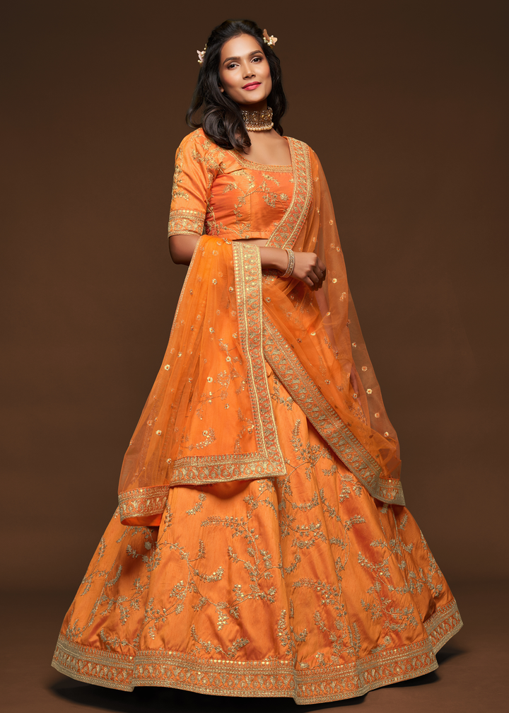 Pumpkin Orange Silk Lehenga Choli with Thread,Zari,Dori & Sequins work