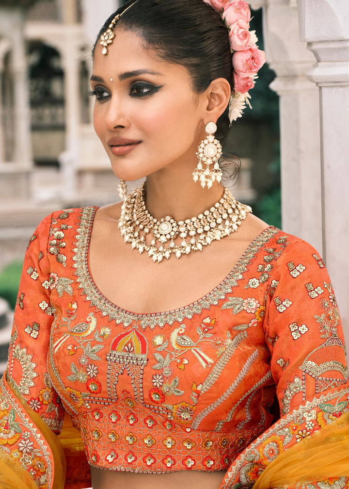 Pumpkin Orange & Yellow Fancy Silk Lehenga Choli With Cut Work Embroidery Border & Stone Work
