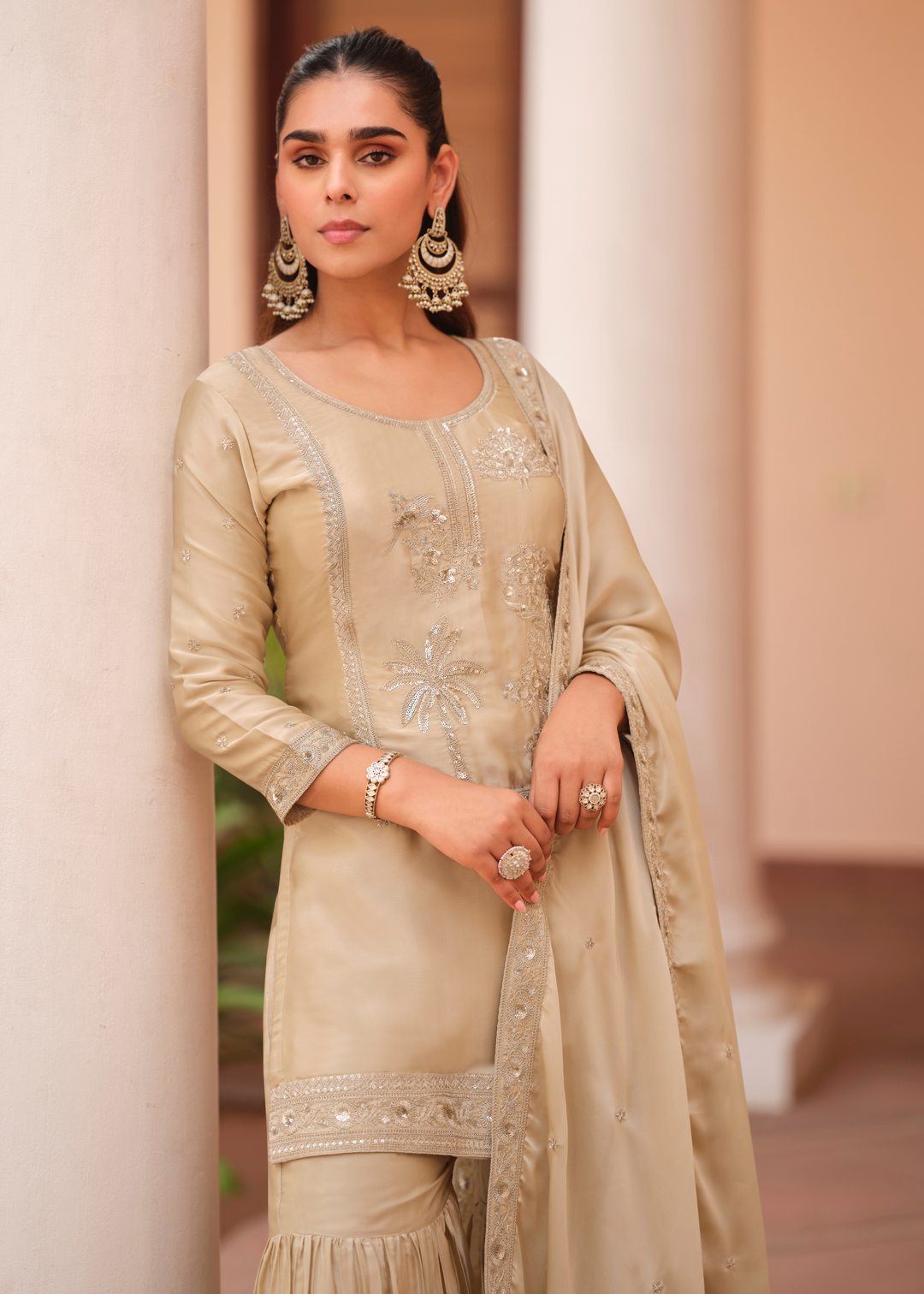 Champagne Beige Silk Satin Sharara Suit
