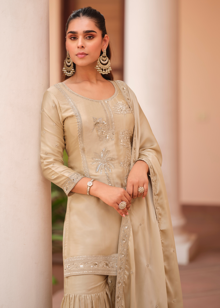 Champagne Beige Silk Satin Sharara Suit