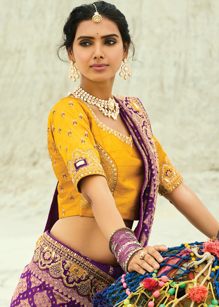 Indigo Purple Georgette Bandhej Saree With Moti & Cut-Dana Handwork Border