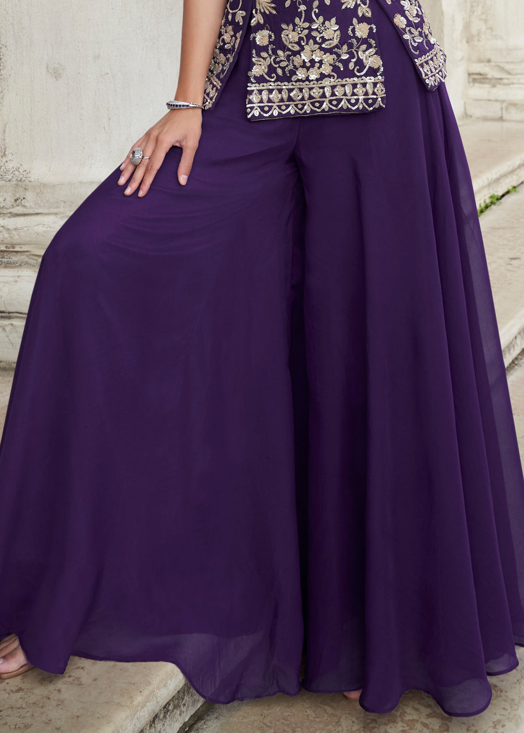 Eggplant Purple Organza Silk Palazzo Suit With Designer Dupatta