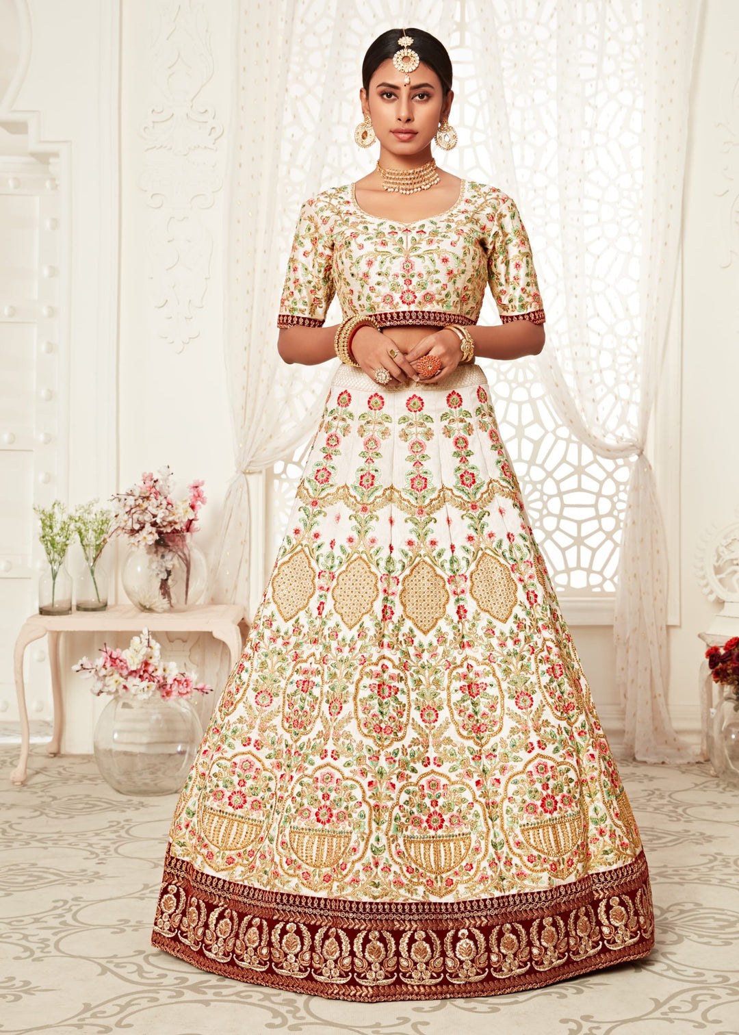 Off-White Art Silk Embroidery Lehenga