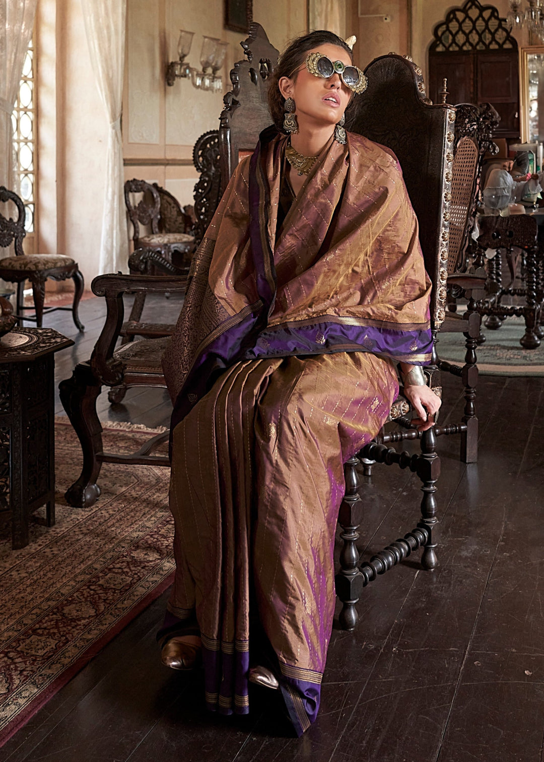 Brown Tussar Silk Handloom Weaving Saree