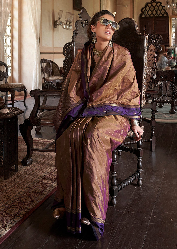 Brown Tussar Silk Handloom Weaving Saree