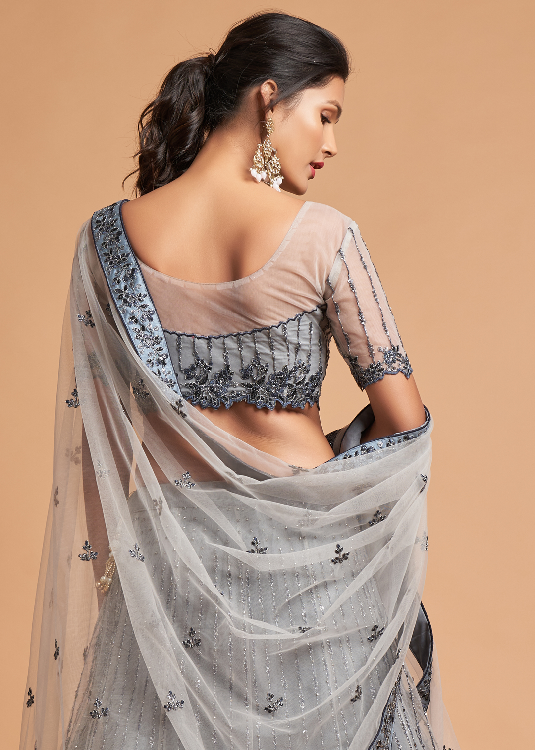 Light Grey Designer Soft Net Lehenga Choli with Zari, Dori & Thread Embroidery work