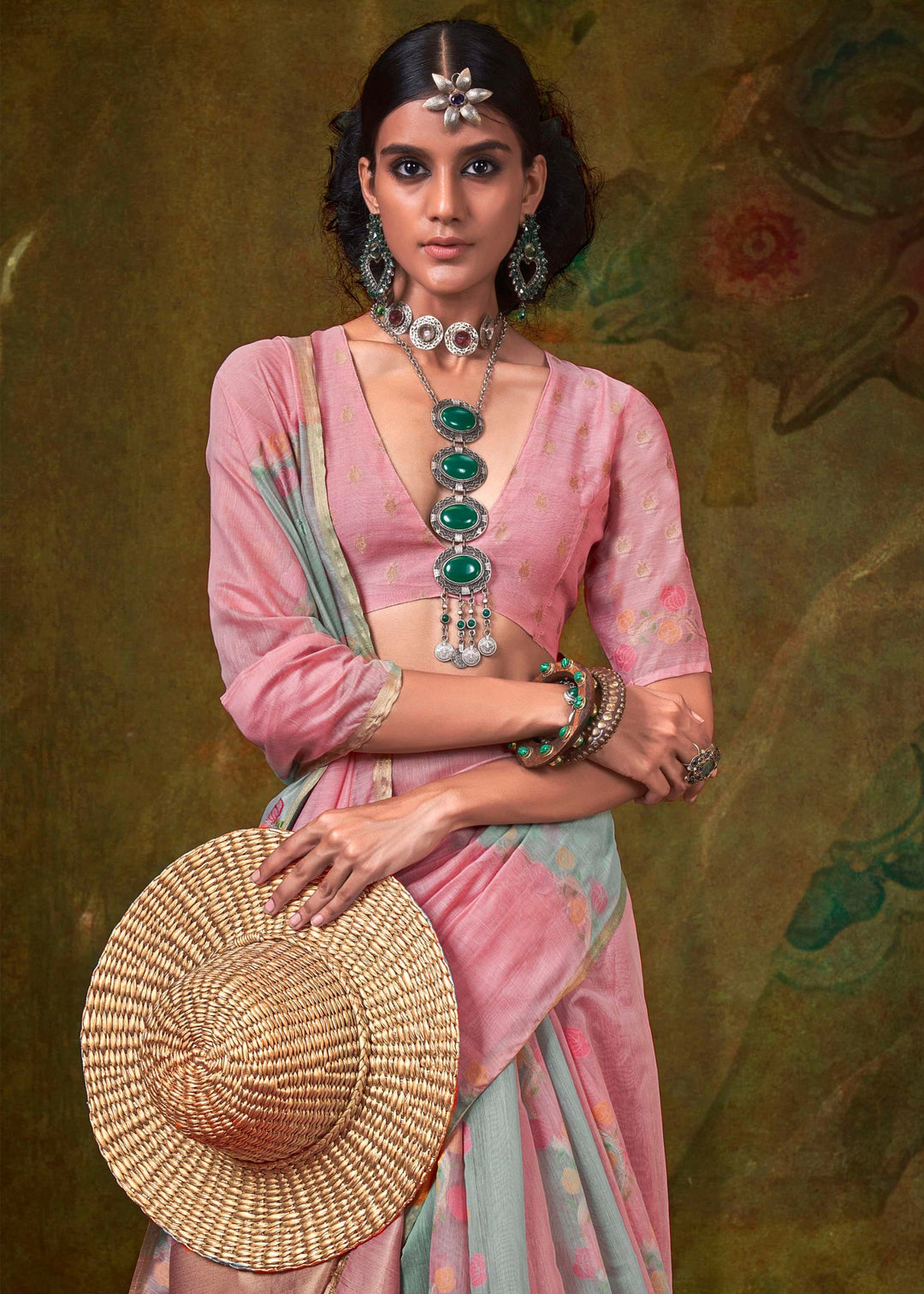 Pink And Blue Cotton Silk Saree With Rangkaat Handloom Weaving