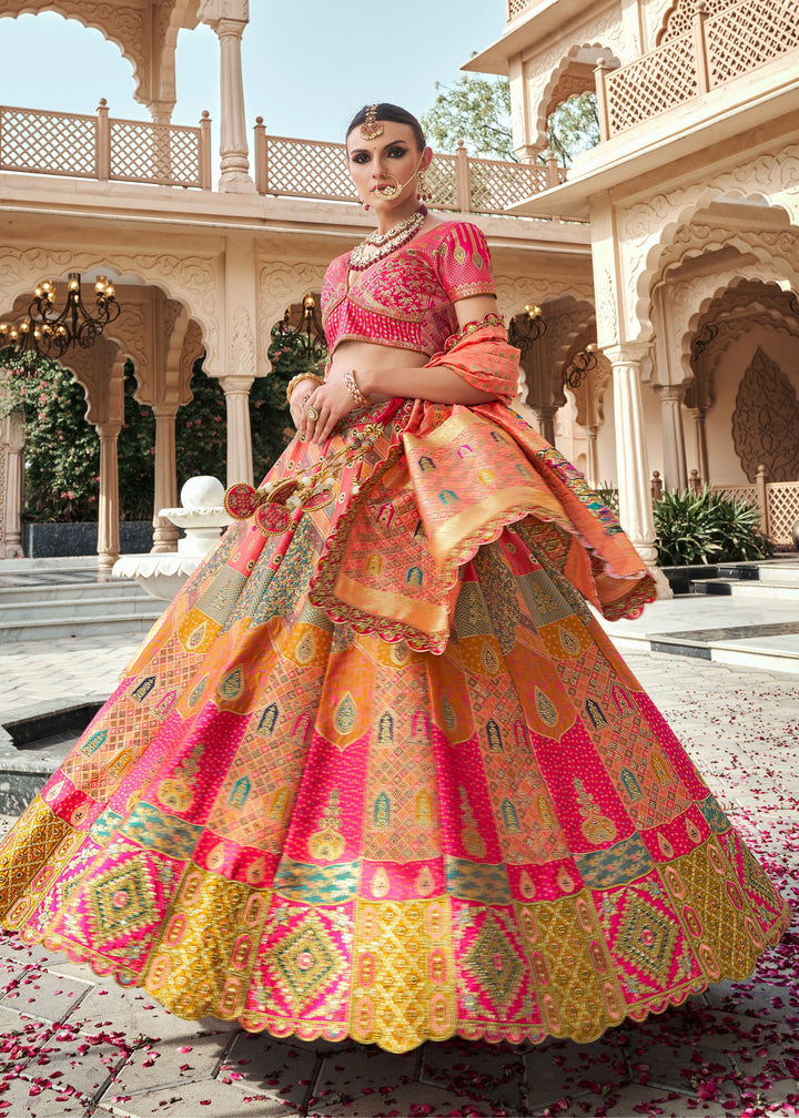 Coral Pink Banarasi Silk Lehenga with Zarkan & Cutwork