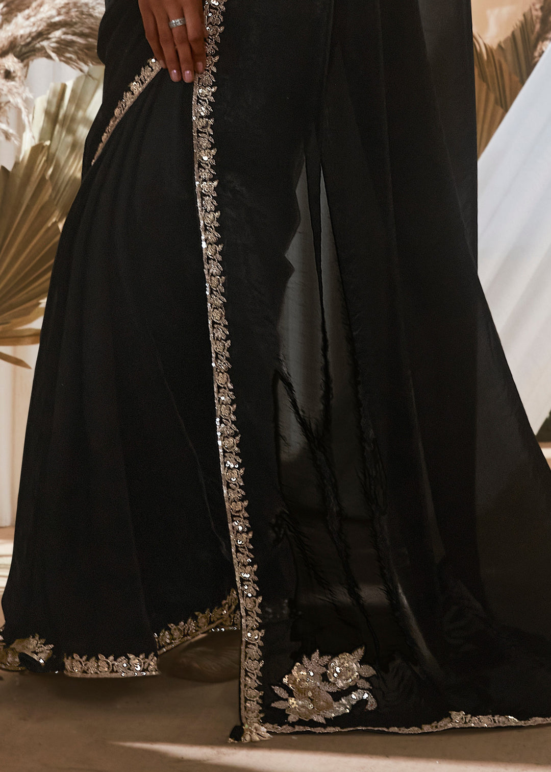 Coal Black Fancy Silk Saree With Printed Blouse