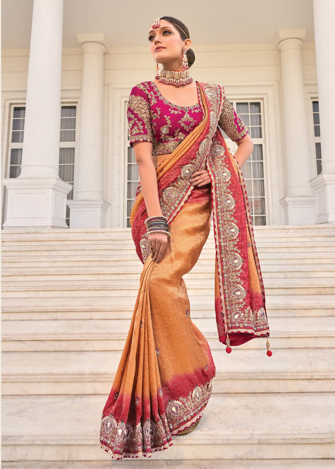 Peach Natural Crape Jaquard Saree With Jari Work