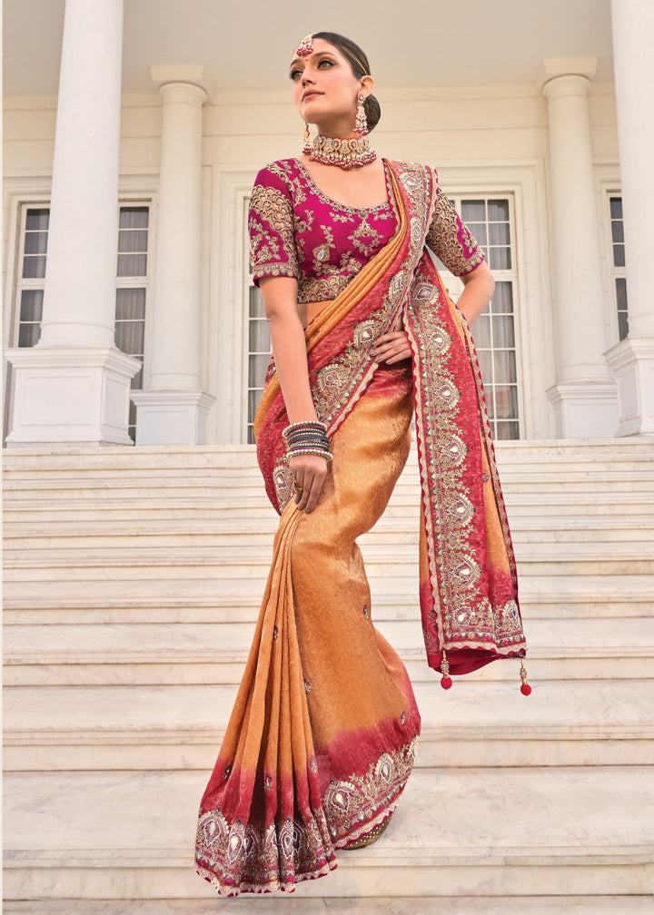 Peach Natural Crape Jaquard Saree With Jari Work