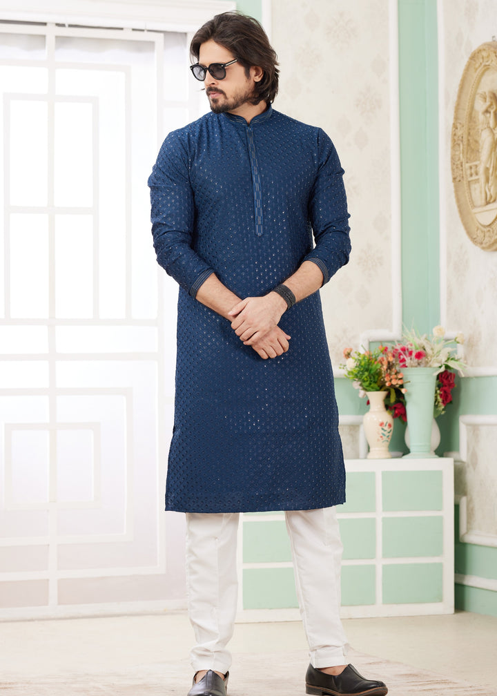 Teal Blue Silk Mens Kurta Set With Thread Embroidery Work