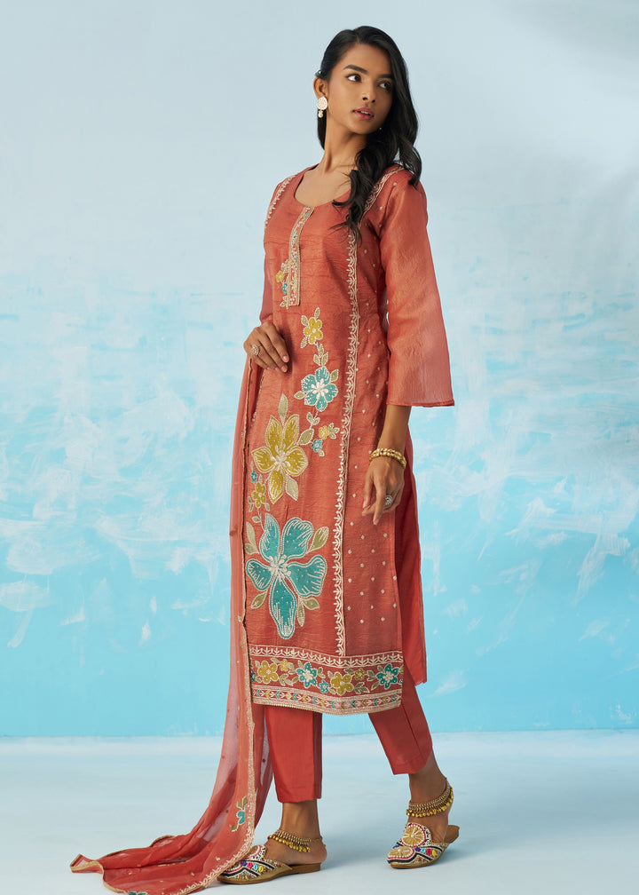 Burnt Coral Salwar Suit With Dupatta