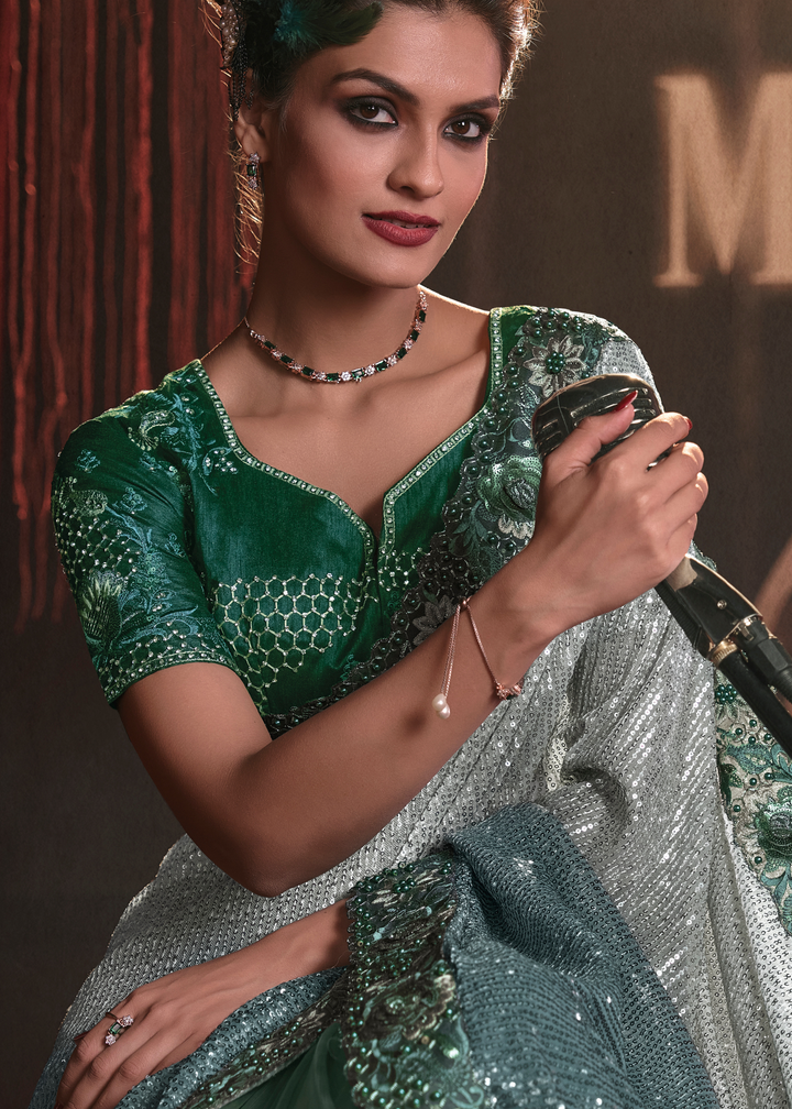 Shades Of Green Digital Net Saree with Thread, Sequence,Zarkan,Moti and Flower Applique work