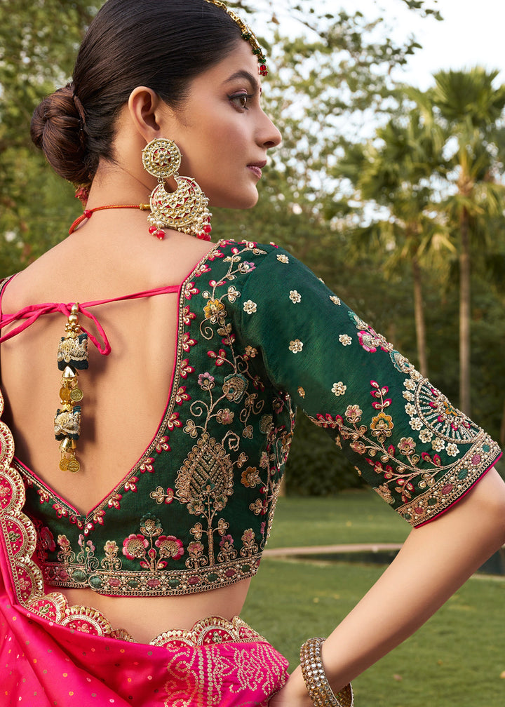 Hunter Green & Pink Banarasi Silk Lehenga Choli With Zarkan And Cut Work