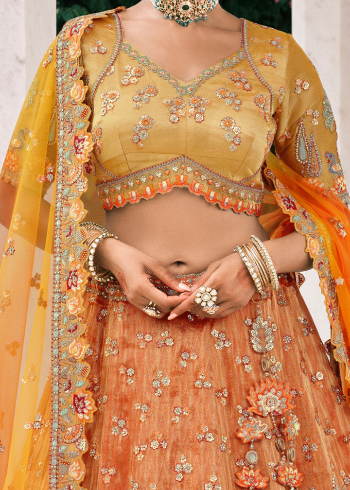 Cadmium Orange Fancy Silk Lehenga Choli With Cut Work Embroidery Border & Stone Work