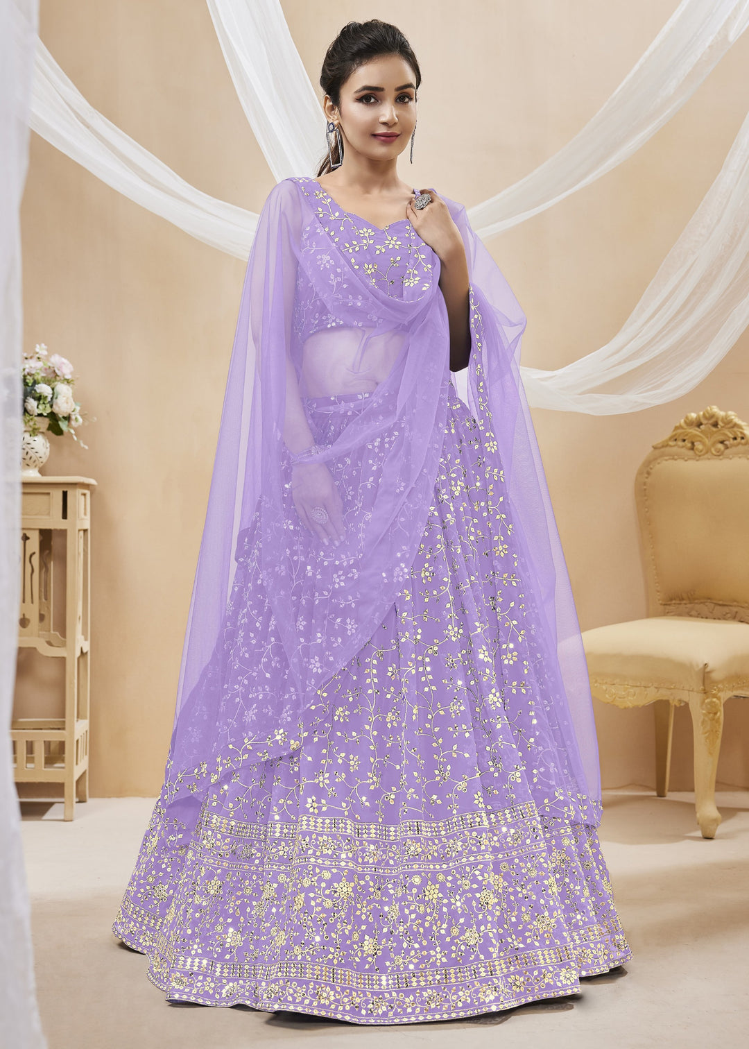 Lavender Purple Georgette Lehenga Choli With Sequins Zari Embroidered Work