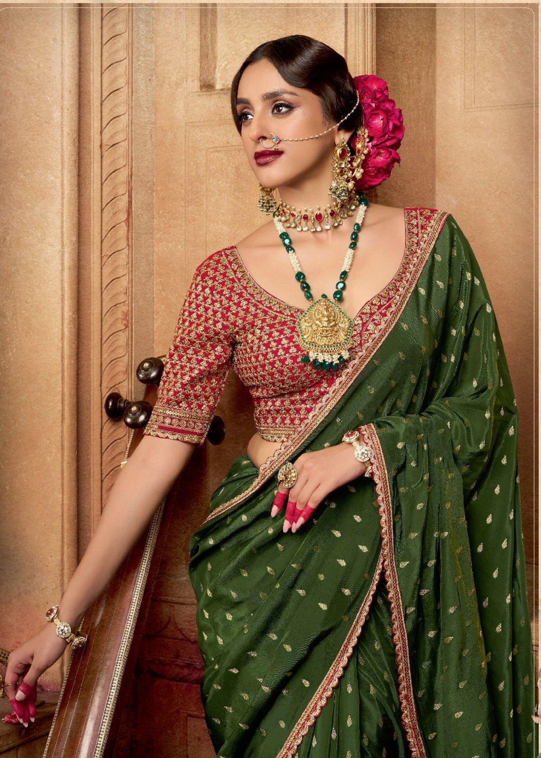 Mehendi Pure Viscous Crepe based fabric with Hand dying & Butti weaving Saree