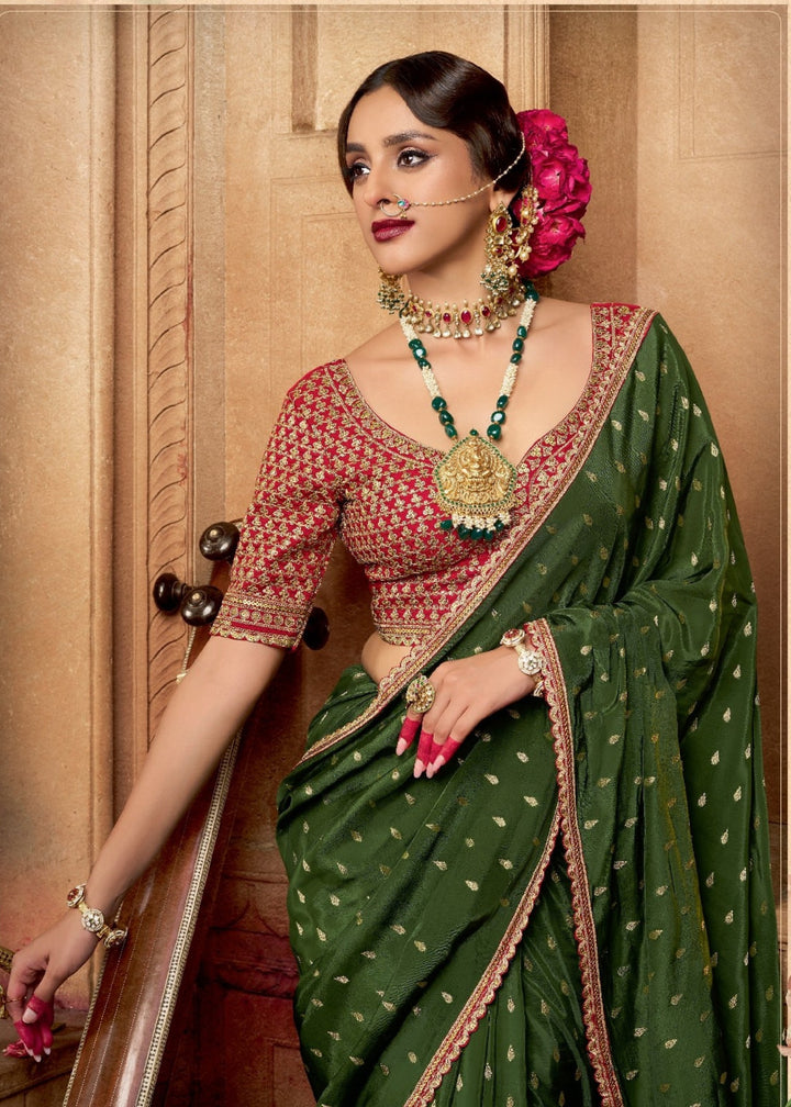 Mehendi Pure Viscous Crepe based fabric with Hand dying & Butti weaving Saree