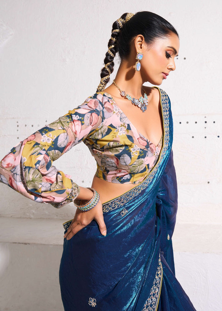Admiral Blue Gold Crush Tissue Silk Saree With Beautiful Blouse