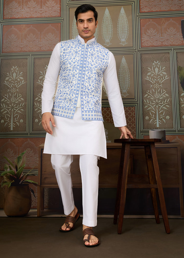 White Kurta And Pant With Soft Powder Blue And White Embroidered Nehru Jacket