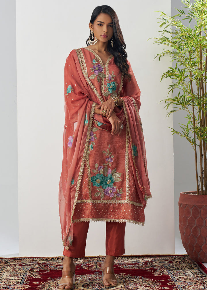Vermillion Orange Silk Pant Suit With Chiffon Dupatta