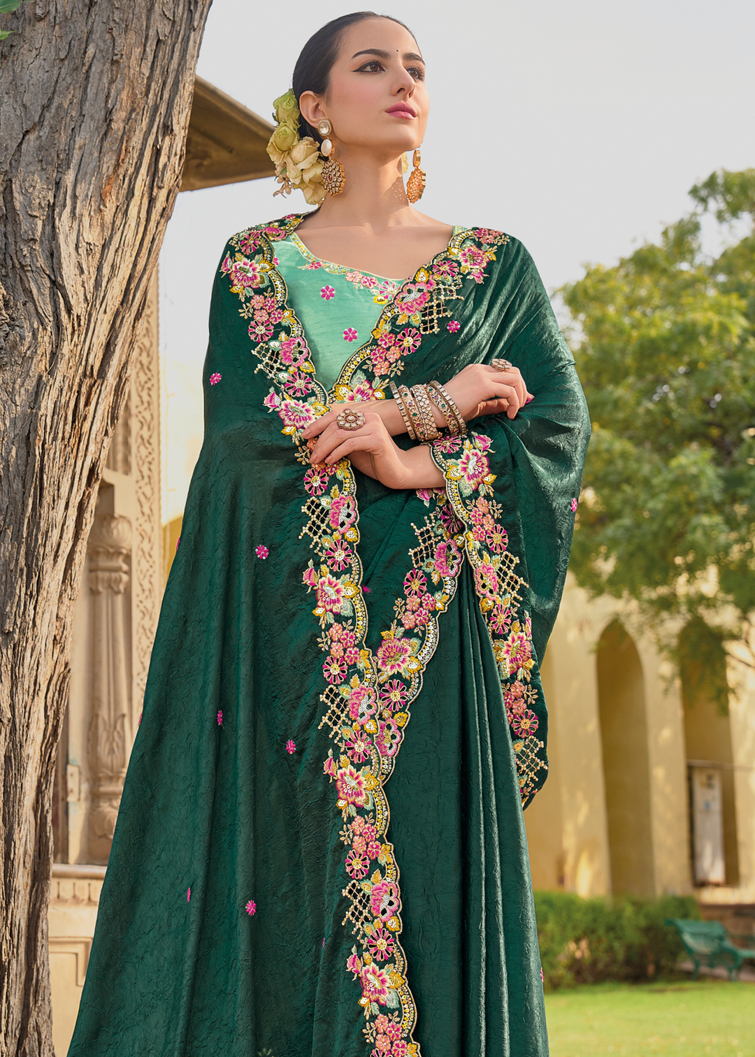 Sacramento Green Tissue Organza Silk with Embroidery Cut Work Border, Stone & Sequence work