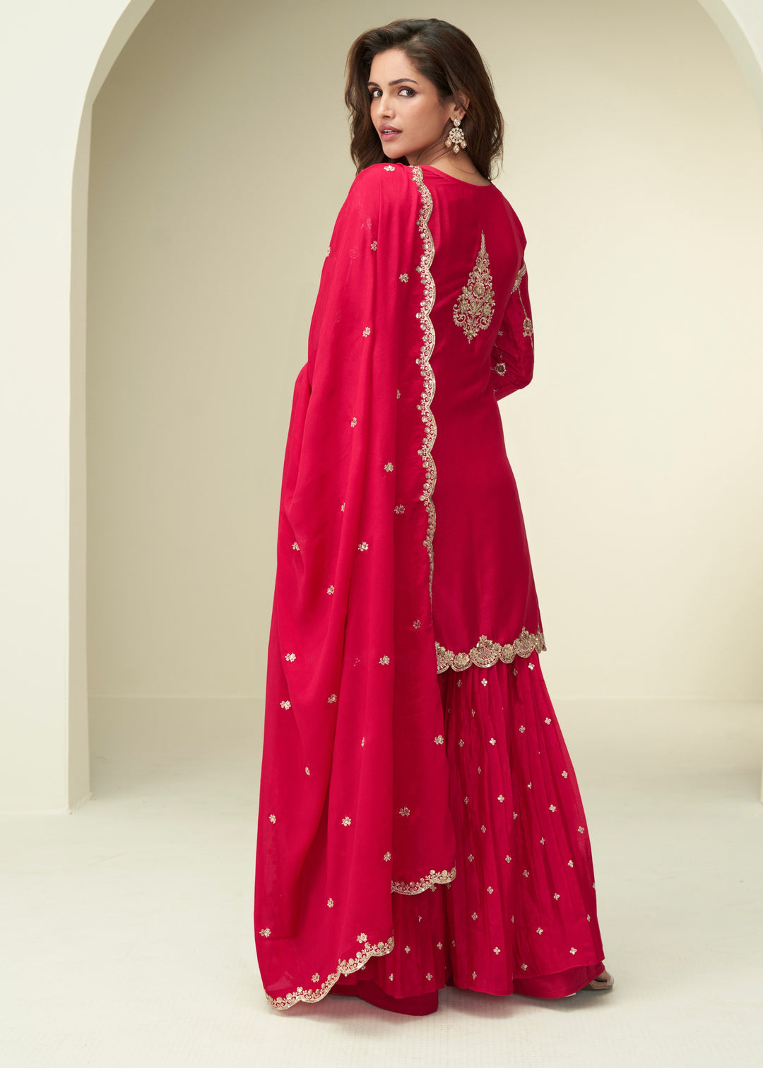 Bright Red With Golden Embroidery Chinnon Silk Salwar Suit