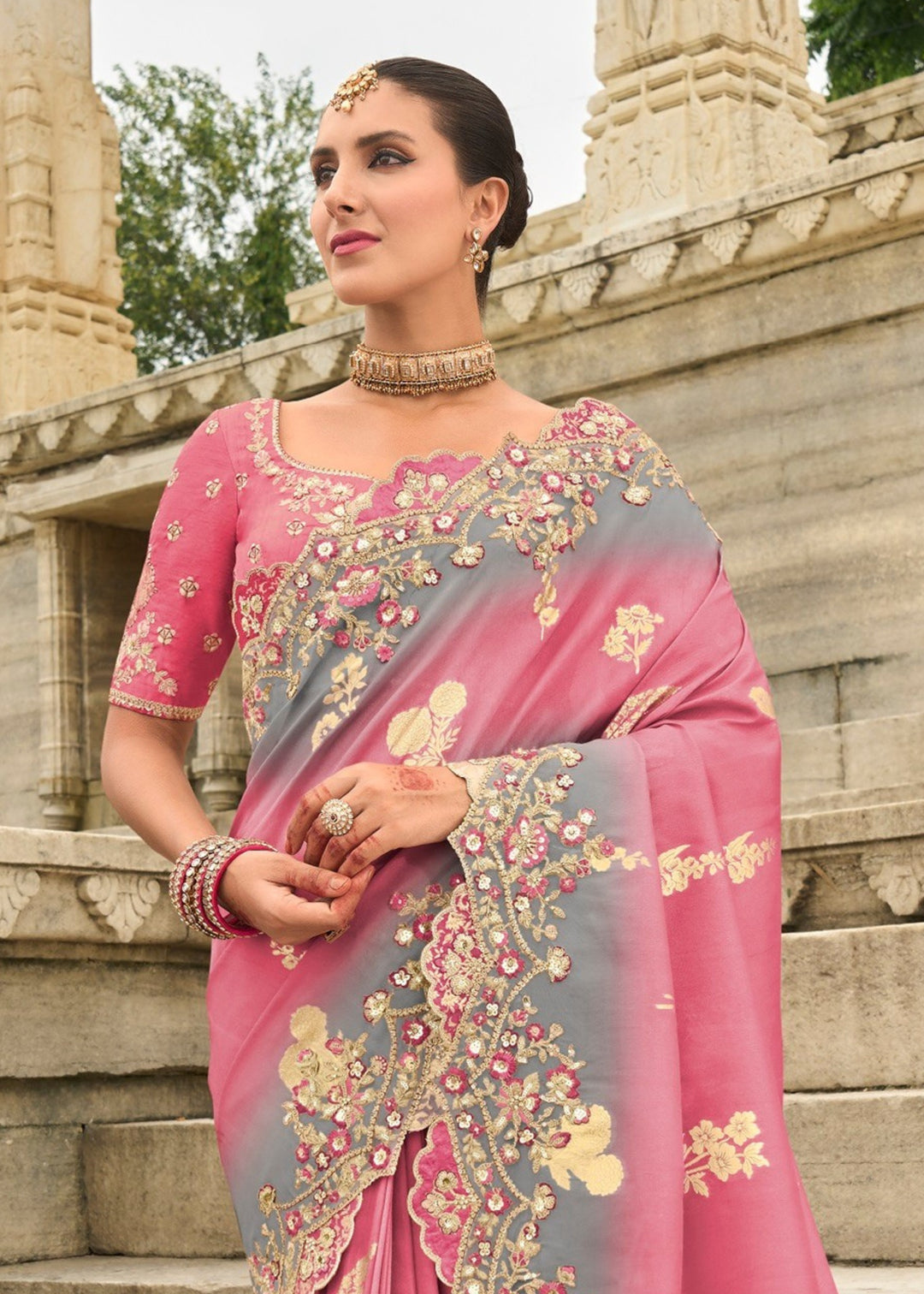 French Pink Silk Saree With Embroidery Cut and Butti Work