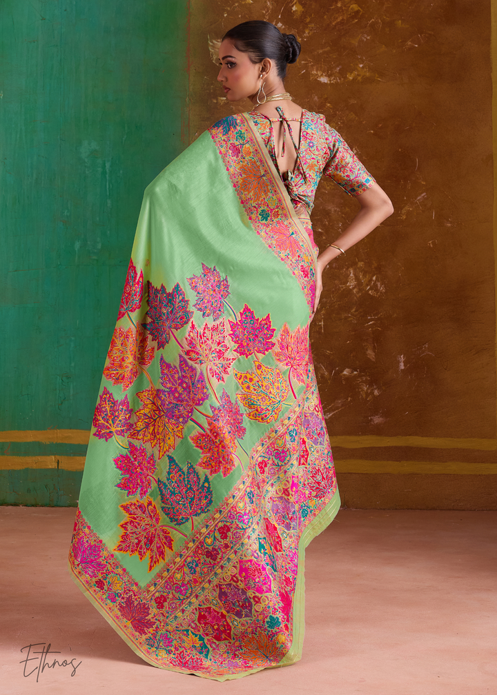 Pistachio Green with Multicolour Floral Weave Saree