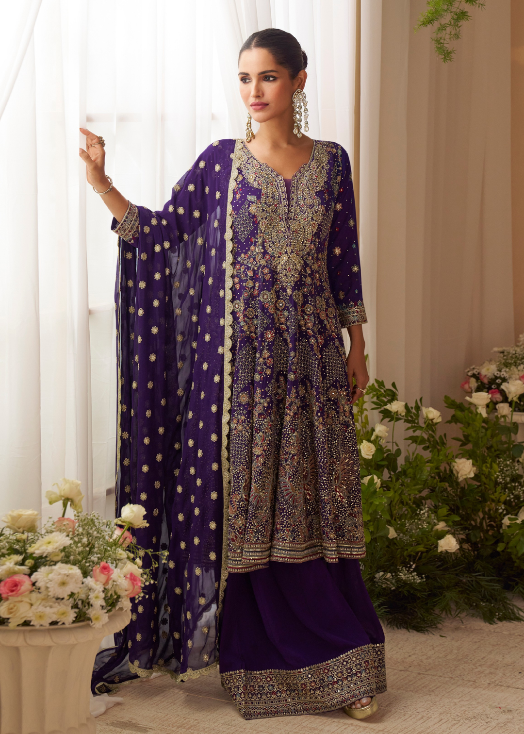 Purple With Gold Embroidery Georgette Palazzo Suit