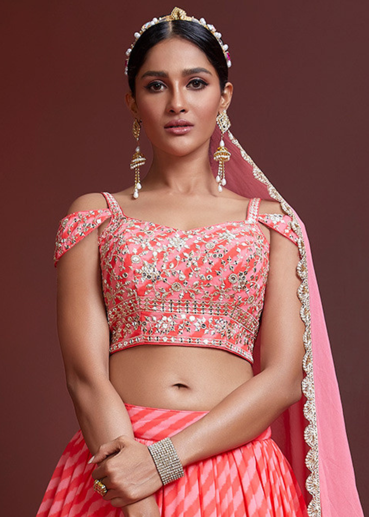 Shades Of Pink leheriya Printed Organza Silk Lehenga Choli with Zari & Sequins work
