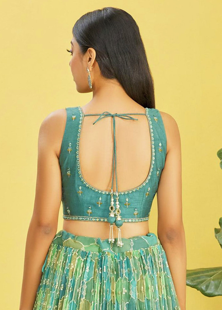 Shades Of Green Digital Printed Organza Lehenga with Thread,Zari & Sequins Work