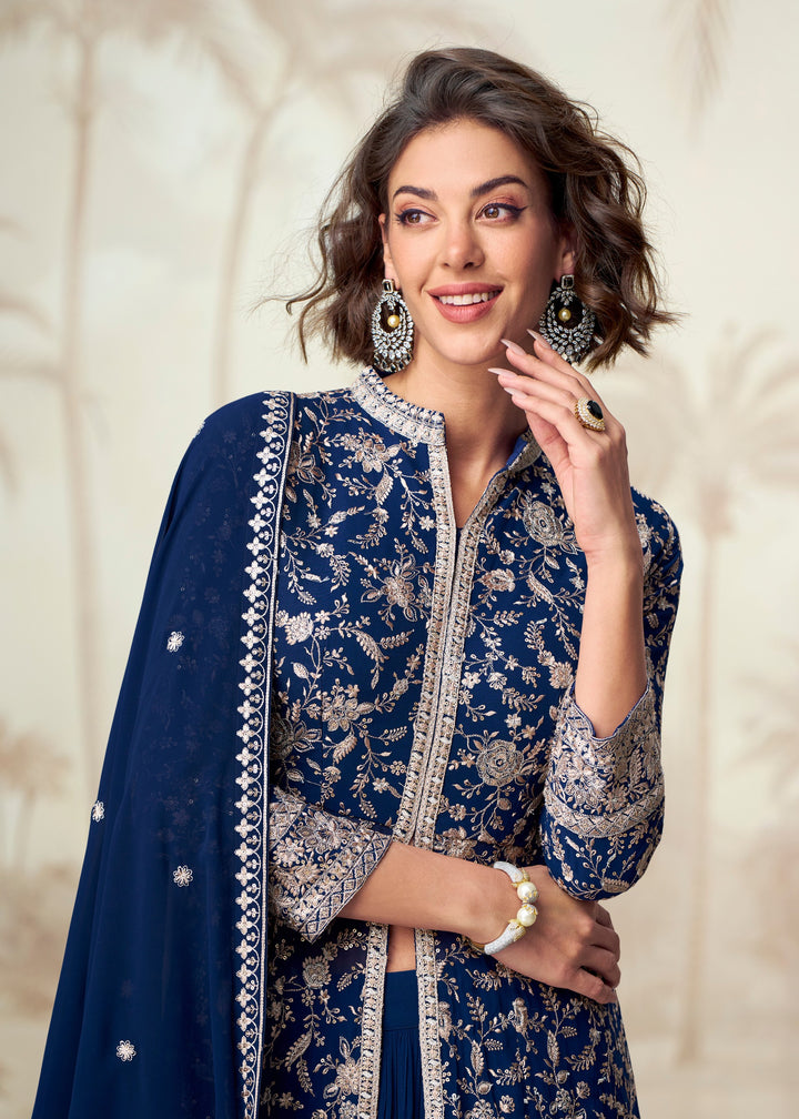 Navy Blue Georgette Anarkali Slit Cut Suit With Thread Embroidered Work