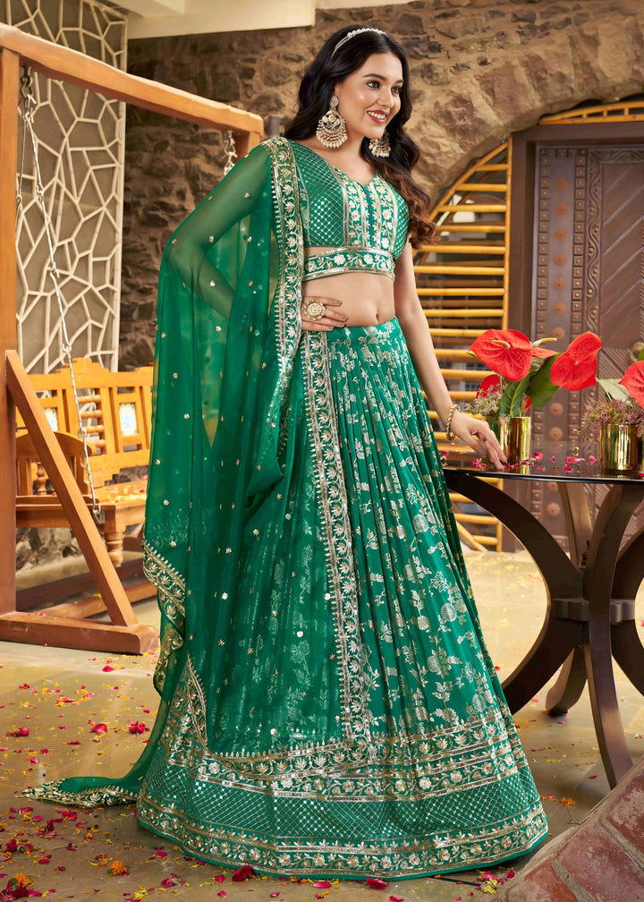 Rama Green Sequins and Zari Embroidery Work Silk Lehenga