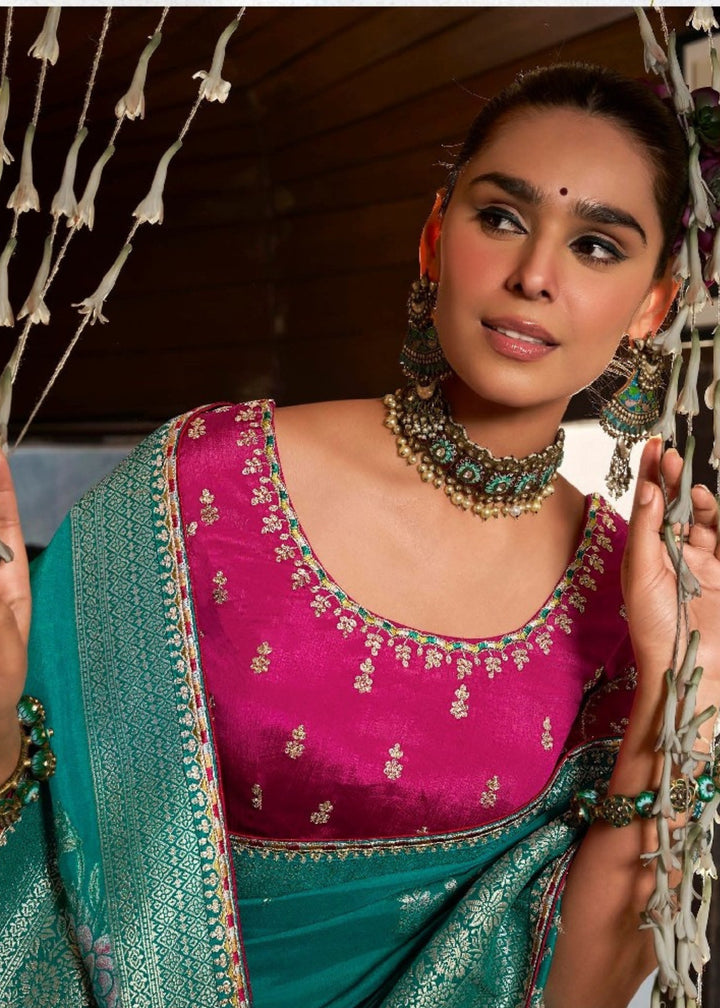 Teal Soft Dola Viscous Silk with 3d Weaved Pallu and contrast blouse Saree