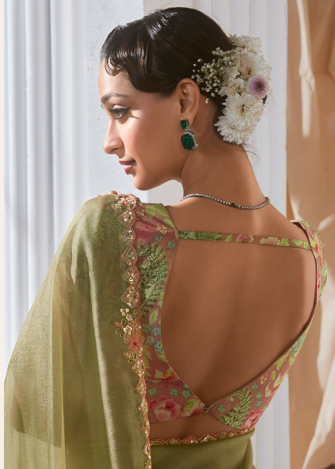 Apple Green Fancy Silk Saree With Printed Blouse