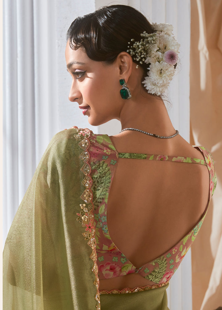 Apple Green Fancy Silk Saree With Printed Blouse