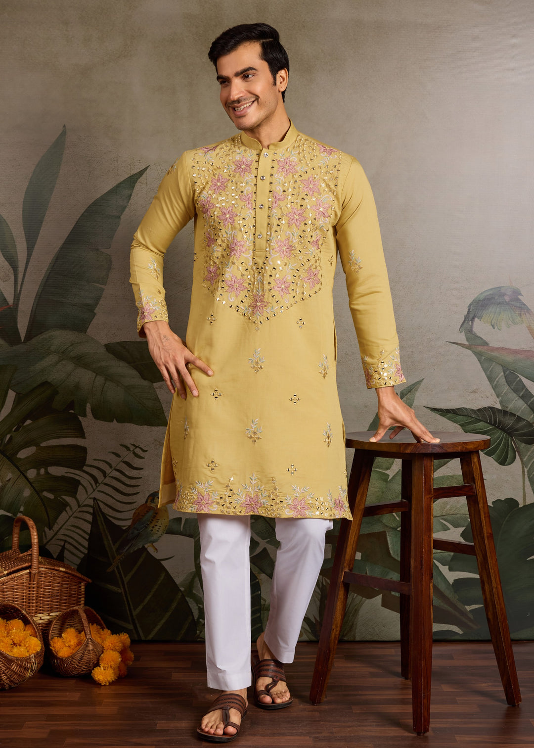 Canary Yellow Mens Wear Silk Kurta with Pant