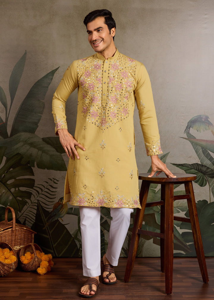 Canary Yellow Mens Wear Silk Kurta with Pant