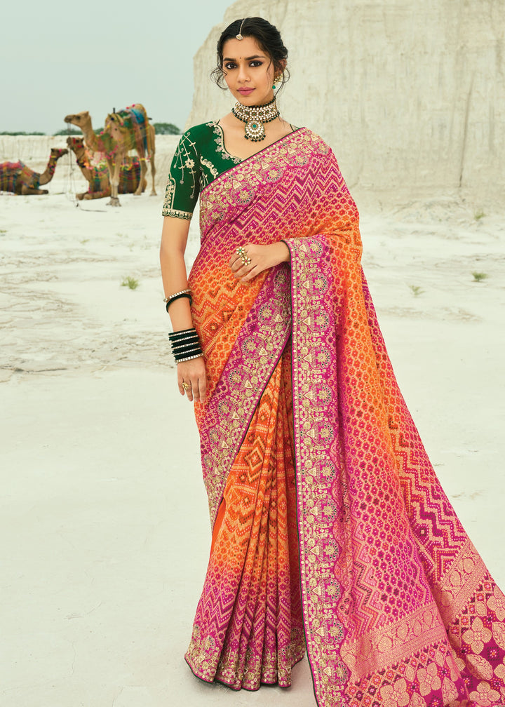 Tangerine Orange & Pink Georgette Bandhej Saree With Moti & Cut-Dana Handwork Border