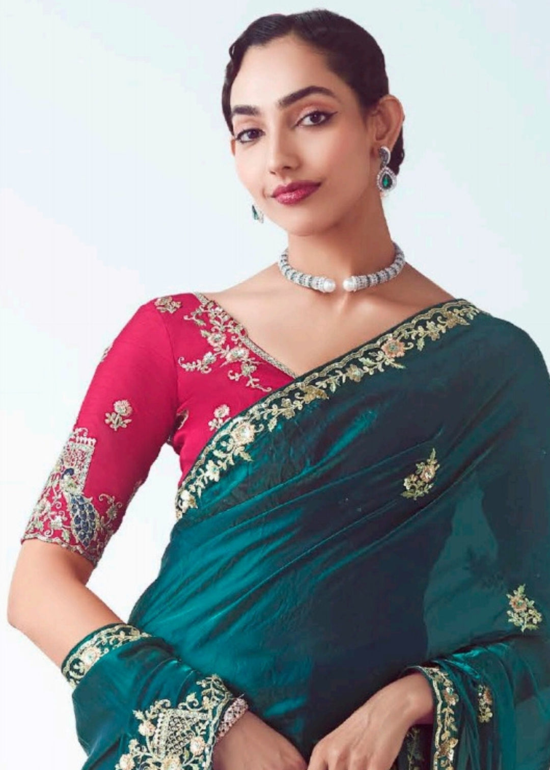 Teal Green Fancy Fabric Silk Saree With Hand Embroidered Work And Cut Work Border