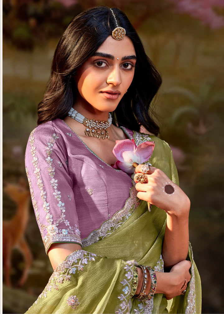 Lavender And Olive Green Saree With Embroidery And Handwork Designer Cut Border